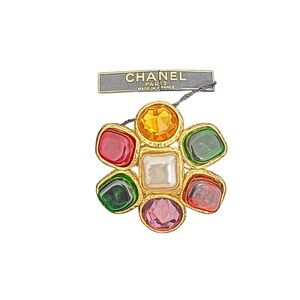 CHANEL Gold Brooch with Multicolor Gemstones Vintage